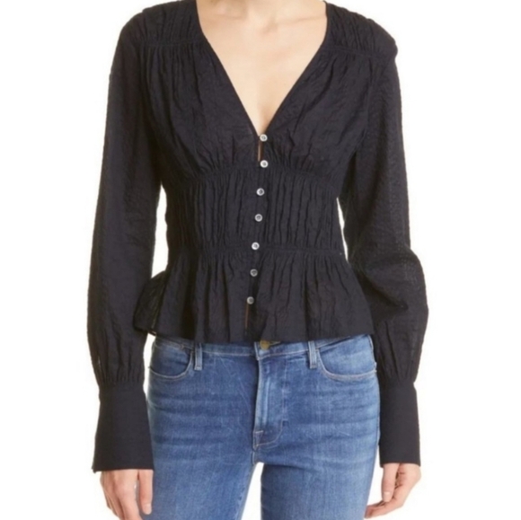 Frame Navy Ruched Fitted V-Neck Button Down Long Sleeve Gauzy Cotton Blouse M - Picture 1 of 11
